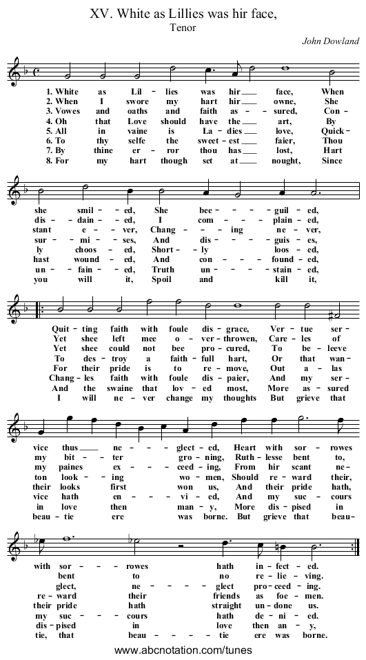 XV. White as Lillies was hir face, - staff notation