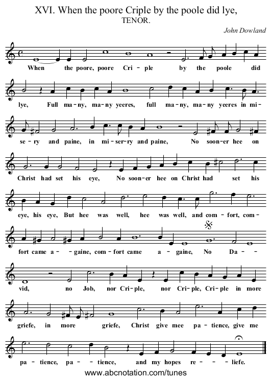 XVI. When the poore Criple by the poole did lye, - staff notation