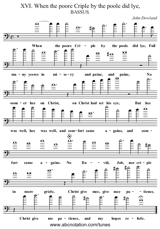 XVI. When the poore Criple by the poole did lye, - staff notation