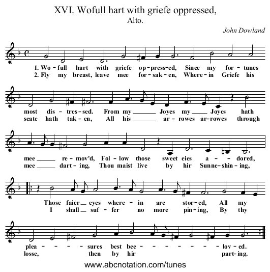 XVI. Wofull hart with griefe oppressed, - staff notation