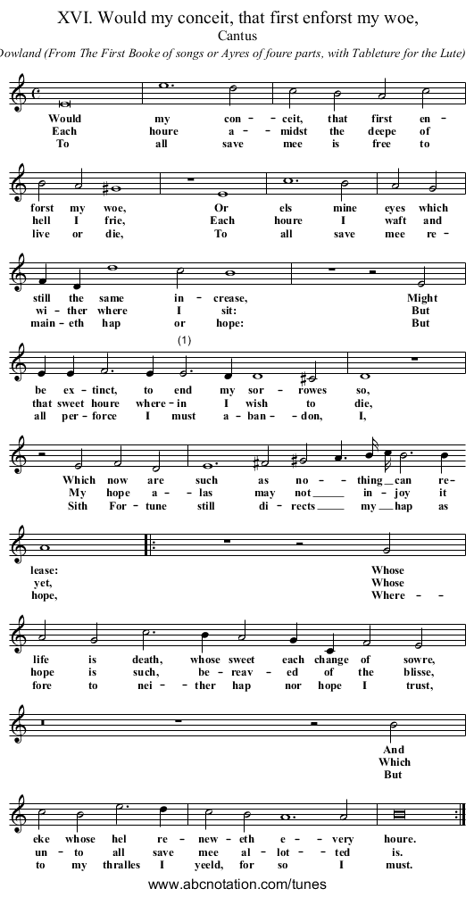 XVI. Would my conceit, that first enforst my woe, - staff notation