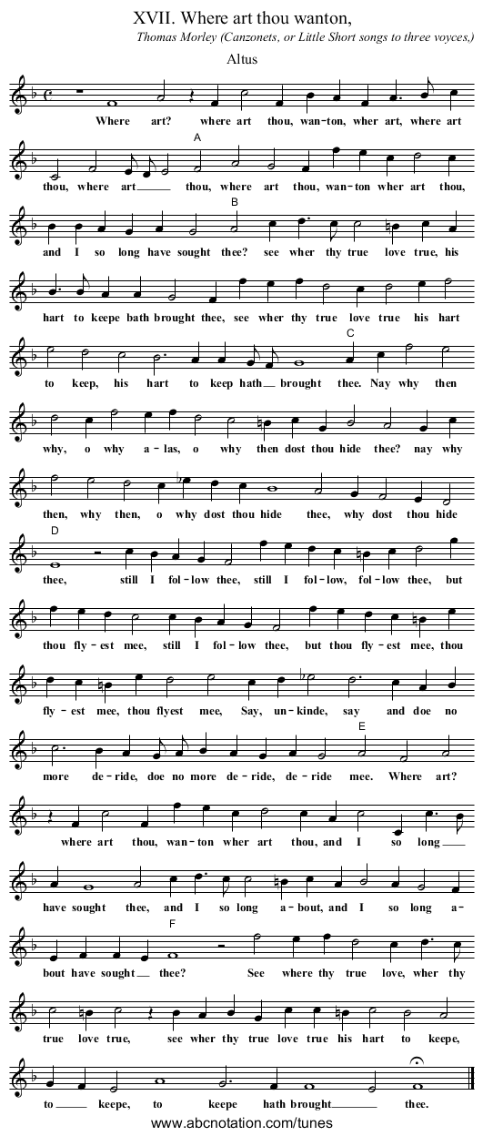 XVII. Where art thou wanton, - staff notation