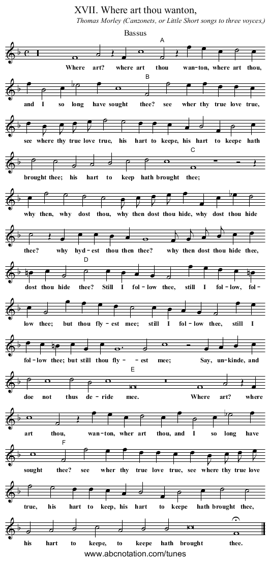 XVII. Where art thou wanton, - staff notation
