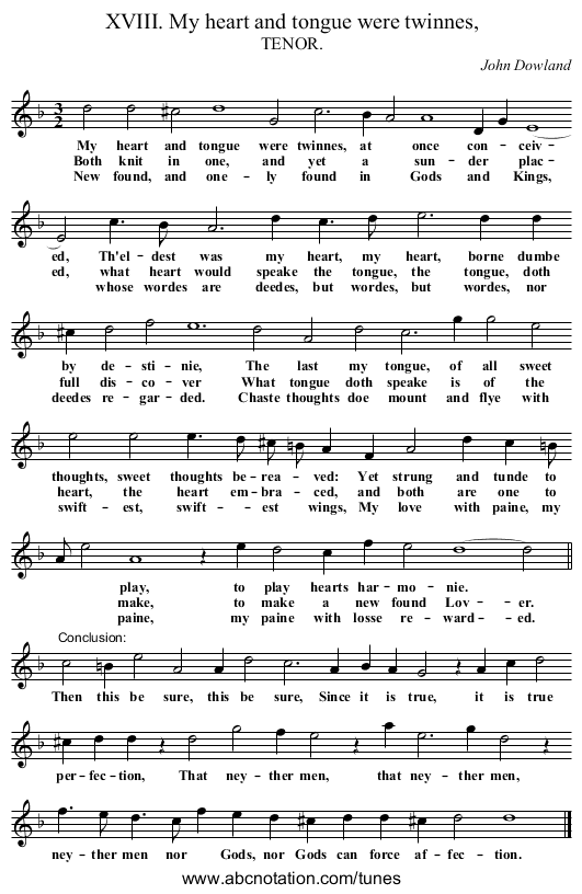 XVIII. My heart and tongue were twinnes, - staff notation