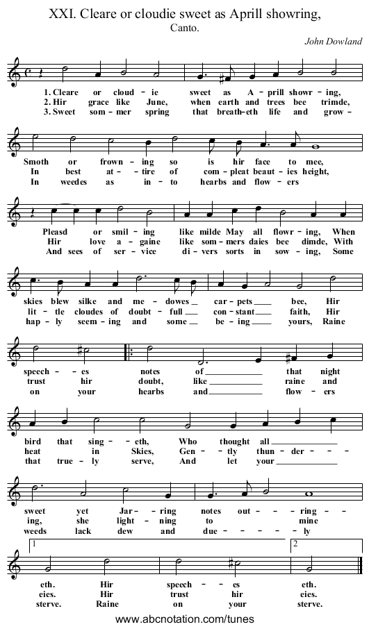XXI. Cleare or cloudie sweet as Aprill showring, - staff notation