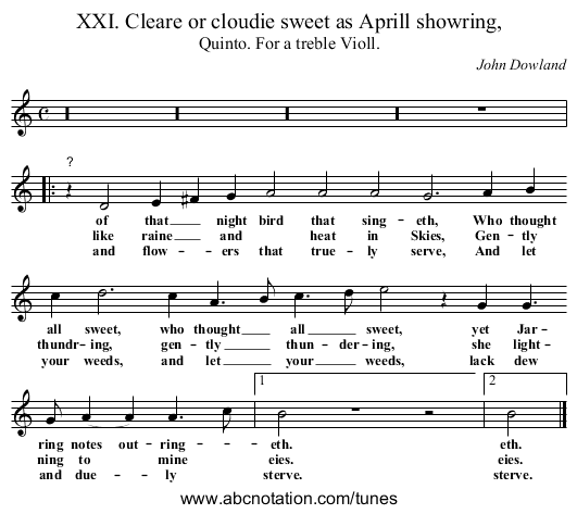 XXI. Cleare or cloudie sweet as Aprill showring, - staff notation
