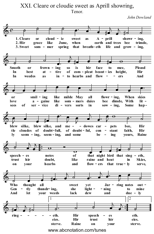 XXI. Cleare or cloudie sweet as Aprill showring, - staff notation