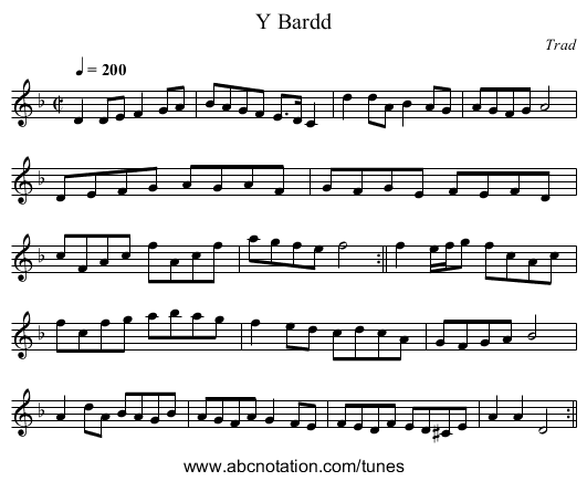 Y Bardd - staff notation