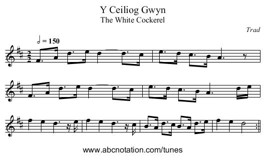 Y Ceiliog Gwyn - staff notation