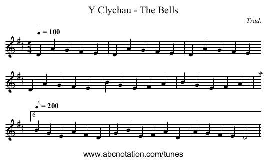 Y Clychau - The Bells - staff notation