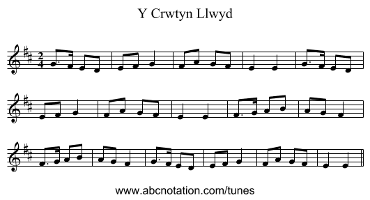 Y Crwtyn Llwyd - staff notation