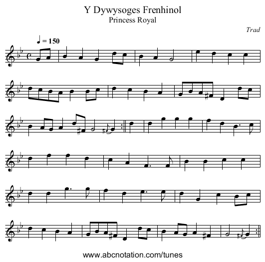 Y Dywysoges Frenhinol - staff notation