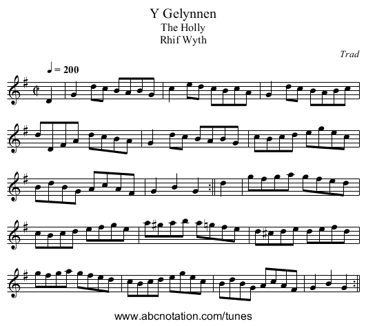 Y Gelynnen - staff notation