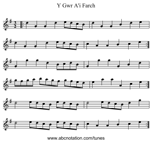 Y Gwr A'i Farch - staff notation