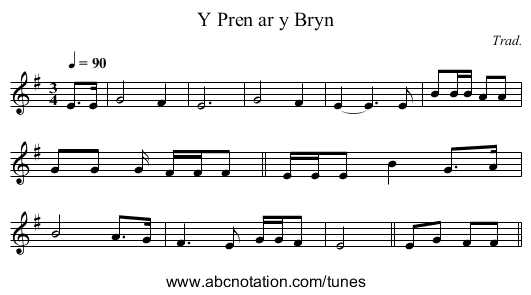 Y Pren ar y Bryn - staff notation