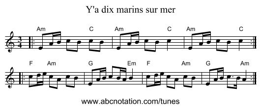Y'a dix marins sur mer - staff notation