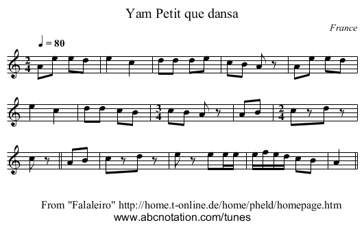 Yam Petit que dansa - staff notation