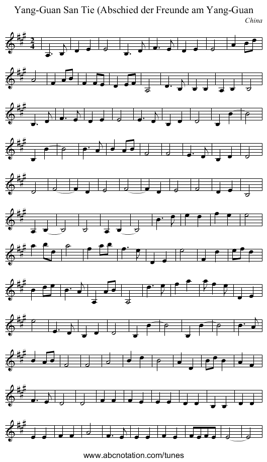 Yang-Guan San Tie (Abschied der Freunde am Yang-Guan - staff notation