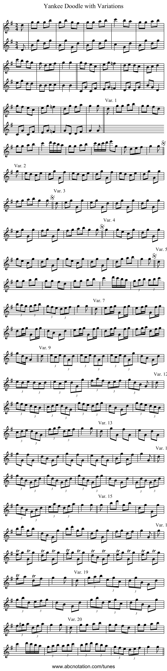 Yankee Doodle with Variations - staff notation