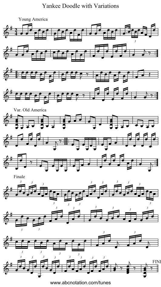 Yankee Doodle with Variations - staff notation