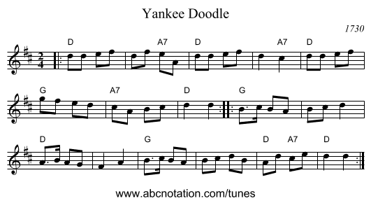 Yankee Doodle - staff notation
