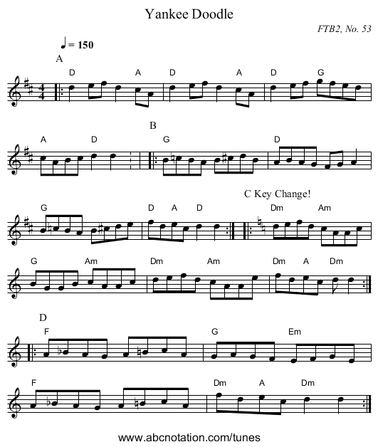 Yankee Doodle - staff notation