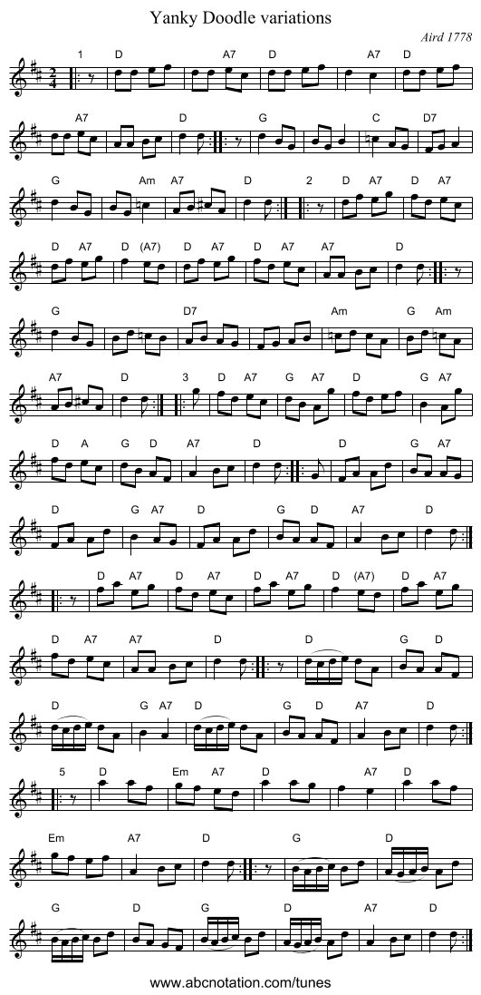 Yanky Doodle variations - staff notation