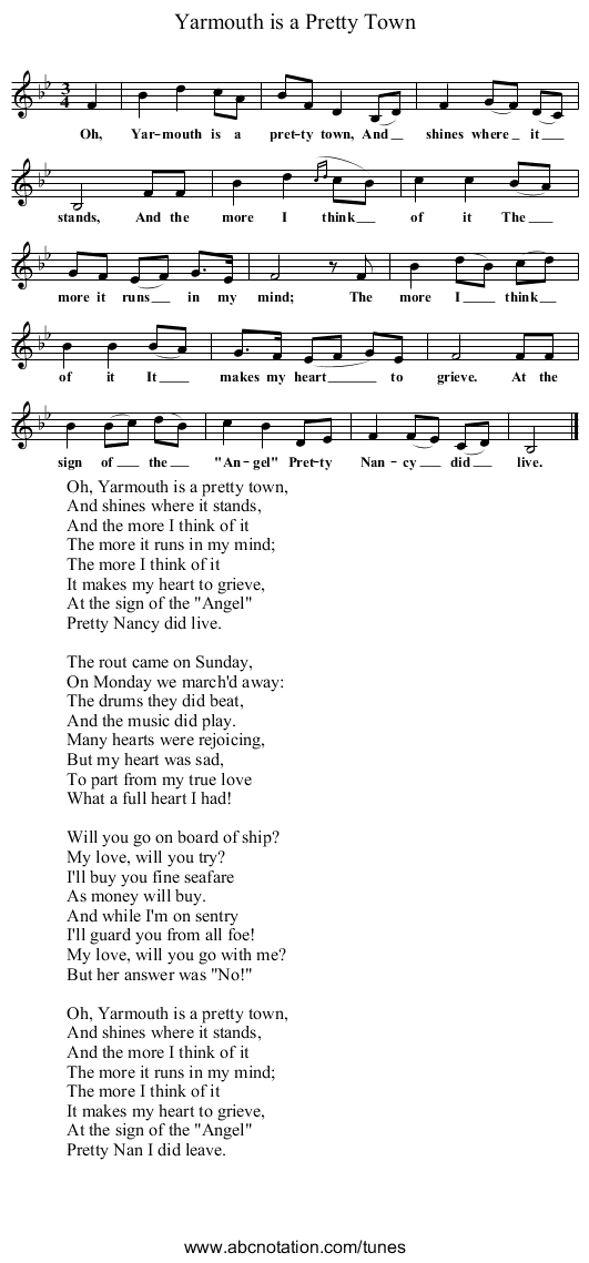 Yarmouth is a Pretty Town - staff notation