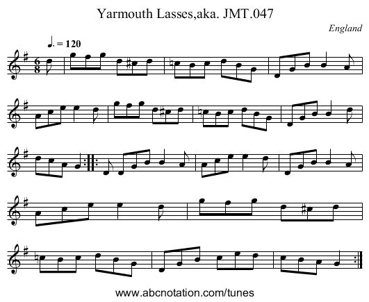 Yarmouth Lasses,aka. JMT.047 - staff notation