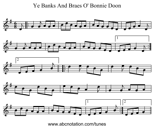 Ye Banks And Braes O' Bonnie Doon - staff notation