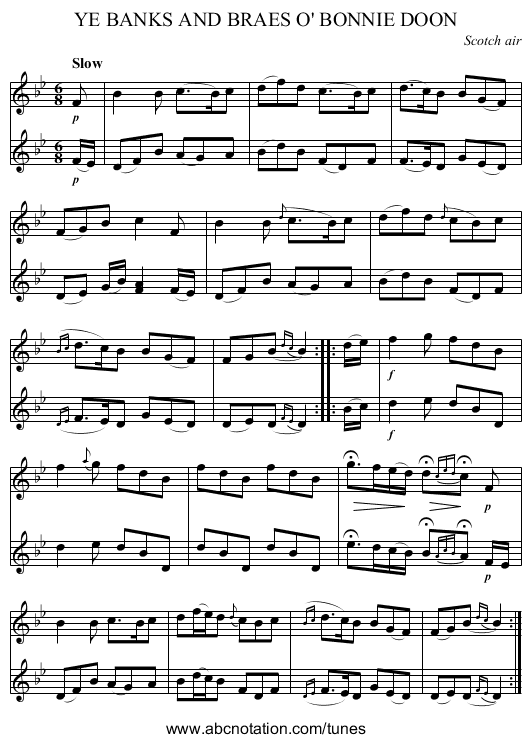 YE BANKS AND BRAES O' BONNIE DOON - staff notation