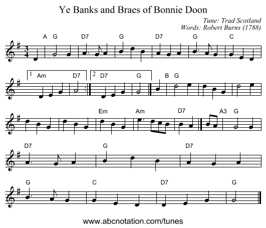 Ye Banks and Braes of Bonnie Doon - staff notation