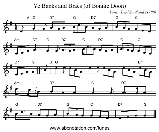 Ye Banks and Braes (of Bonnie Doon) - staff notation