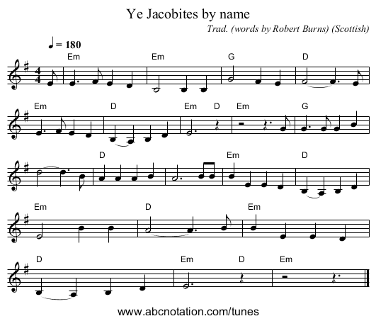 Ye Jacobites by name - staff notation