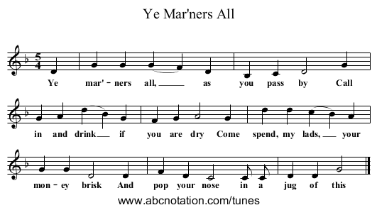 Ye Mar'ners All - staff notation