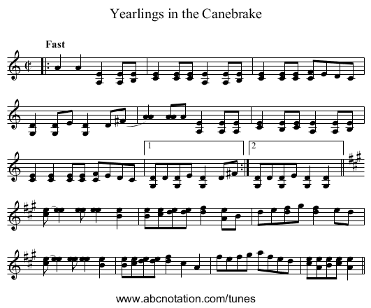 Yearlings in the Canebrake - staff notation