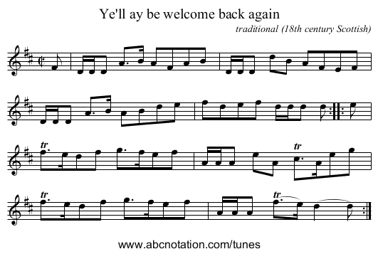 Ye'll ay be welcome back again - staff notation