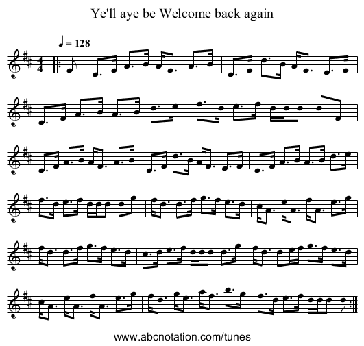 Ye'll aye be Welcome back again - staff notation