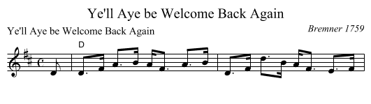 Ye'll Aye be Welcome Back Again - staff notation