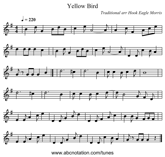 Yellow Bird - staff notation