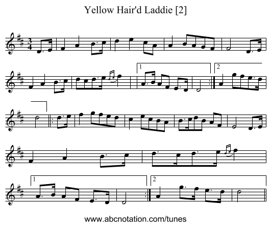 Yellow Hair'd Laddie [2] - staff notation