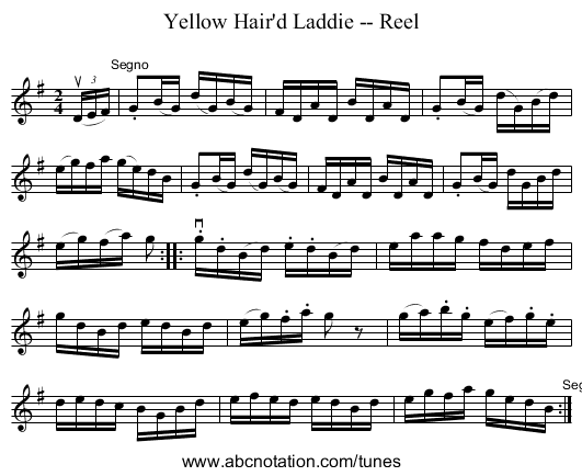 Yellow Hair'd Laddie -- Reel - staff notation