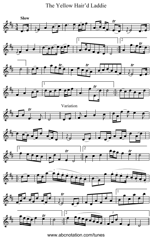 Yellow Hair’d Laddie, The - staff notation