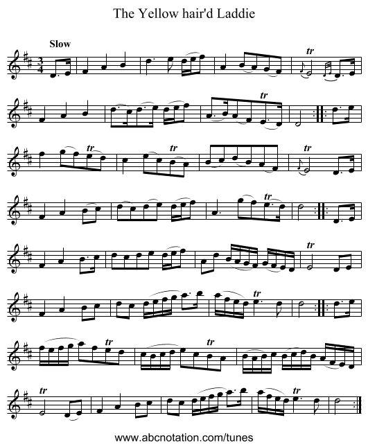 Yellow hair'd Laddie, The - staff notation