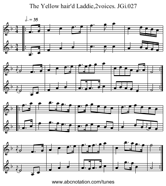 Yellow hair'd Laddie,2voices. JGi.027, The - staff notation