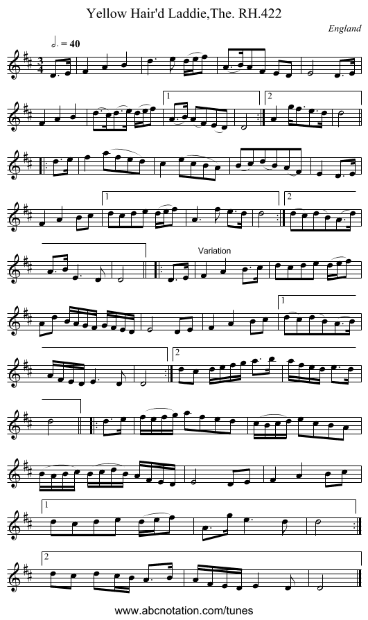 Yellow Hair'd Laddie,The. RH.422 - staff notation