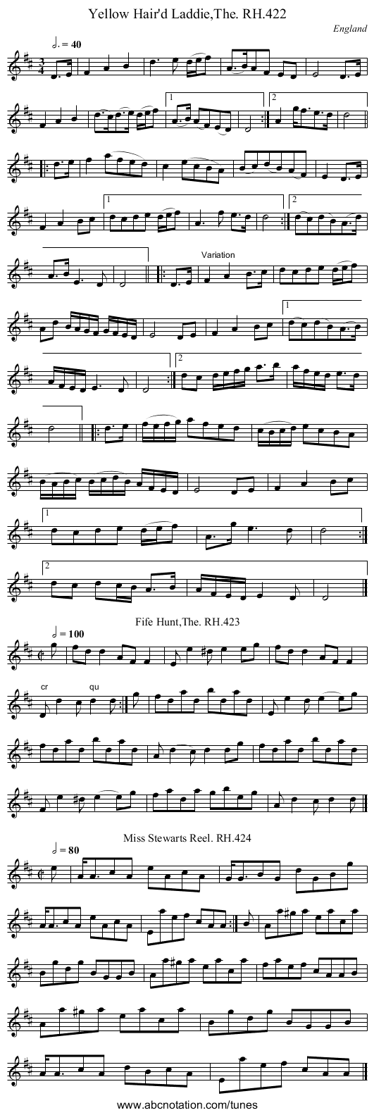 Yellow Hair'd Laddie,The. RH.422 - staff notation
