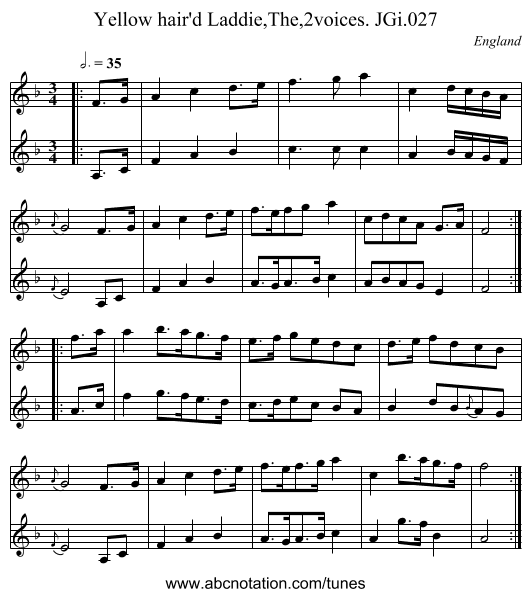 Yellow hair'd Laddie,The,2voices. JGi.027 - staff notation