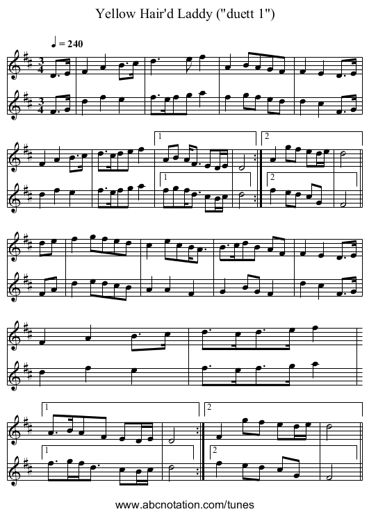 Yellow Hair'd Laddy (duett 1) - staff notation