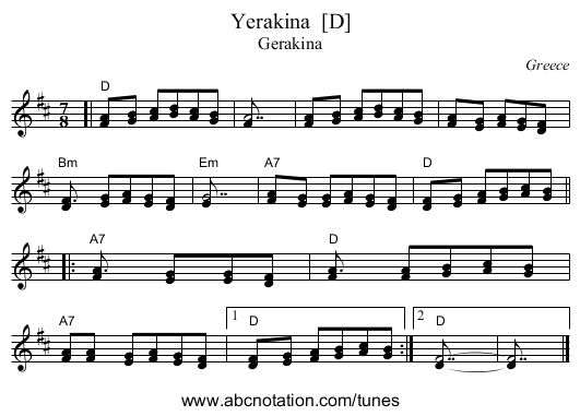 Yerakina  [D] - staff notation